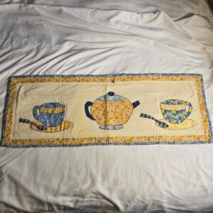Vintage Handmade Quilted Table Runner Tea Time Teapot Teacup Floral Blue Yellow